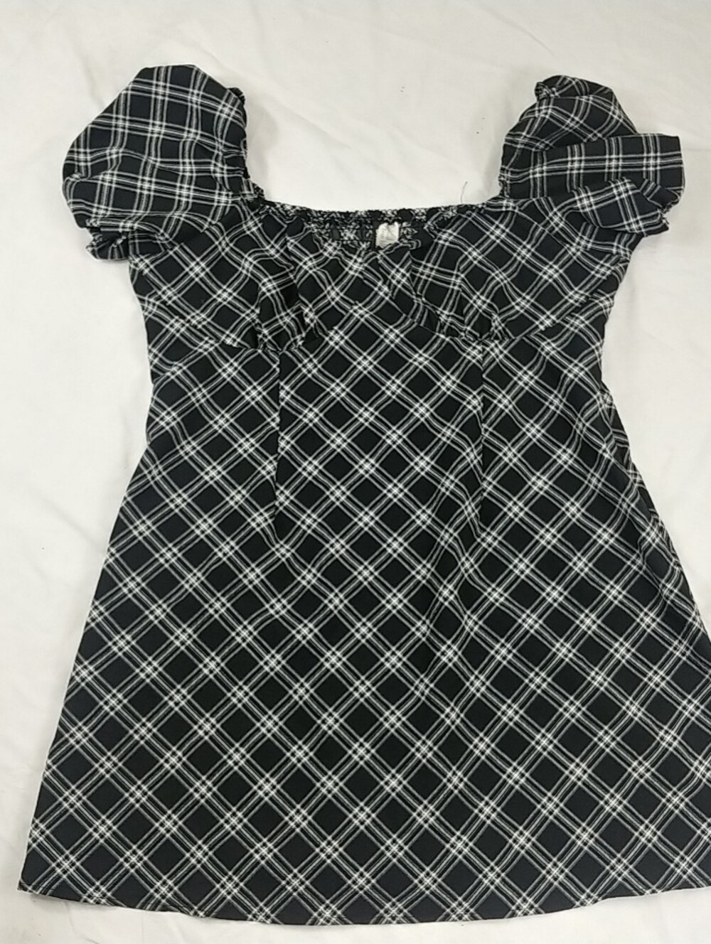 Divided Black White Plaid Mini Dress Women XL Light Weight Peasant Top ALine